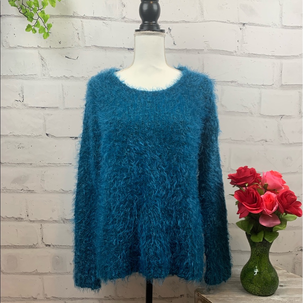 Hinge Scoop Neck Blue Fuzzy Sweater